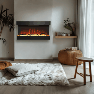 Stresa 100 elektrische 3-zijdige glashaard – moderne panoramahaard met realistisch LED-vlambeeld en luxe afwerking