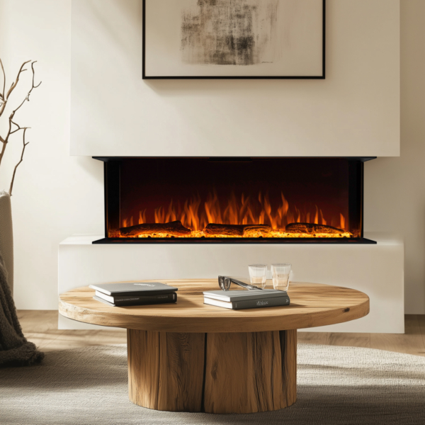 Stresa 130 elektrische 3-zijdige glashaard – moderne panoramahaard met realistisch LED-vlambeeld en luxe afwerking