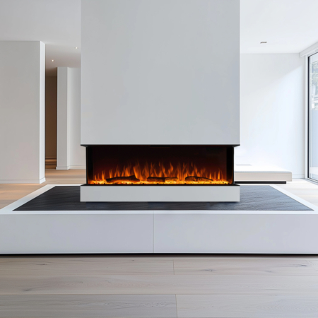 Stresa 160 elektrische 3-zijdige glashaard – moderne panoramahaard met realistisch LED-vlambeeld en luxe afwerking