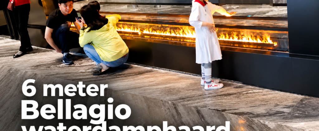 Moderne hotellobby met een 6 meter lange Bellagio waterdamphaard als sfeervolle blikvanger in de ontvangsthal