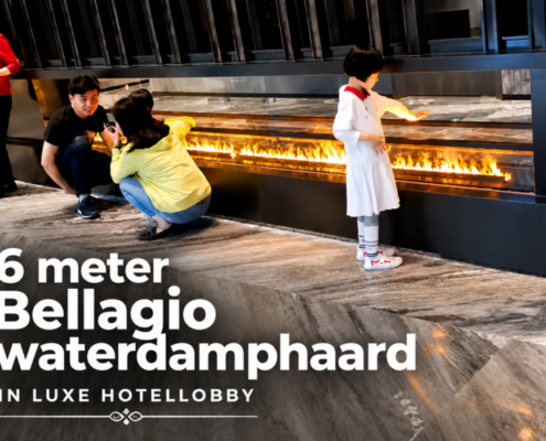 Moderne hotellobby met een 6 meter lange Bellagio waterdamphaard als sfeervolle blikvanger in de ontvangsthal