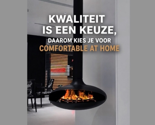 Moderne elektrische sfeerhaard van Comfortable at Home vervaardigd uit hoogwaardige duurzame materialen in een stijlvolle woonkamer.