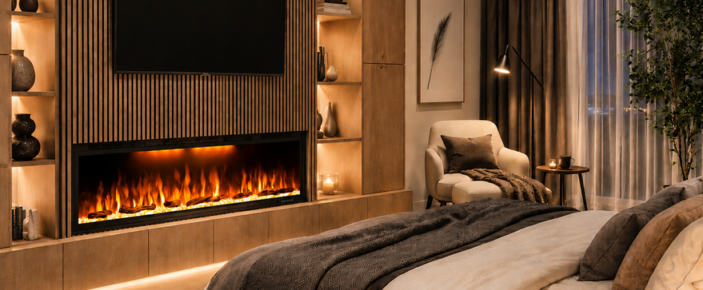Luxe slaapkamer met een elektrische sfeerhaard van Comfortable at Home en een realistisch vlameffect voor extra sfeer en comfort.