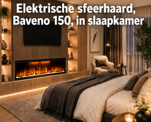 Luxe slaapkamer met een elektrische sfeerhaard van Comfortable at Home en een realistisch vlameffect voor extra sfeer en comfort.