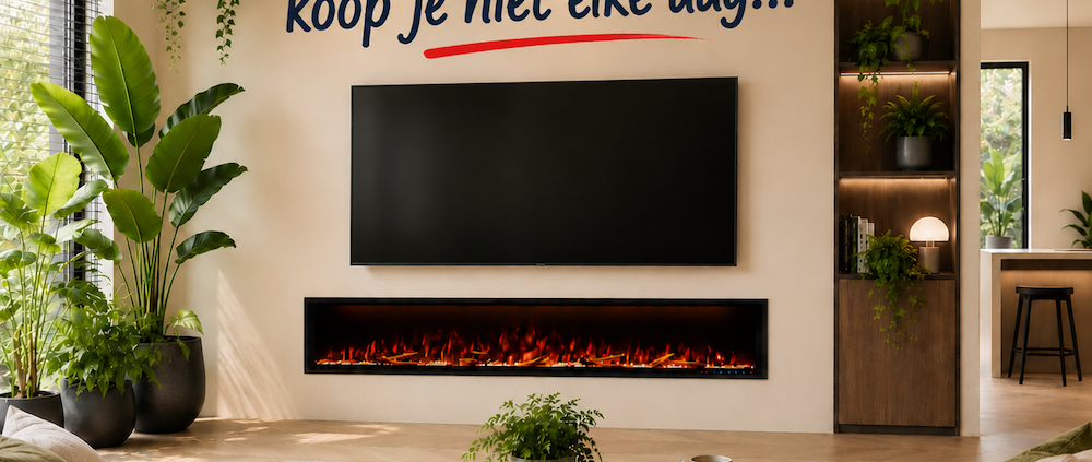 Moderne woonkamer met een elektrische haard van Comfortable at Home en tips voor het kopen van de juiste elektrische haard.