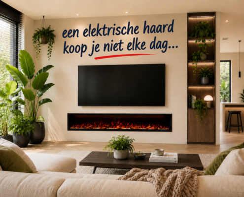 Moderne woonkamer met een elektrische haard van Comfortable at Home en tips voor het kopen van de juiste elektrische haard.